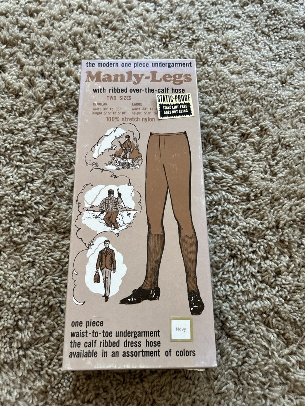 RARE Vintage sz L Manly-Legs Hose Ribbed Over The Calf 1960s 1970s NOS NAVY F26